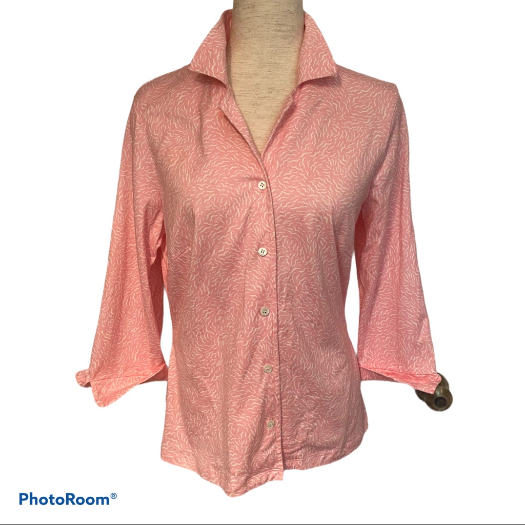 J. Mclaughlin Top Pink White Buttons Collar 3/4 Sleeve Size L